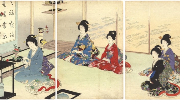 Three piece artwork of Chinese women sitting
